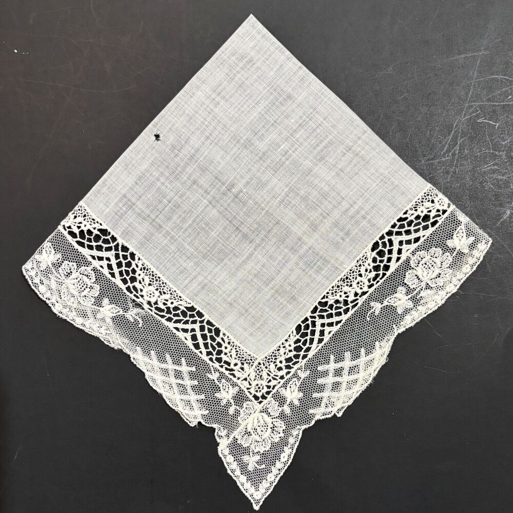 Antique Victorian Linen Embroidered Handkerchief Cottage Core Bride Wedding Vtg